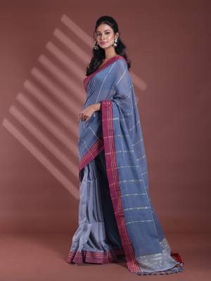 Grey pure cotton soft saree with  stripe pattern 2