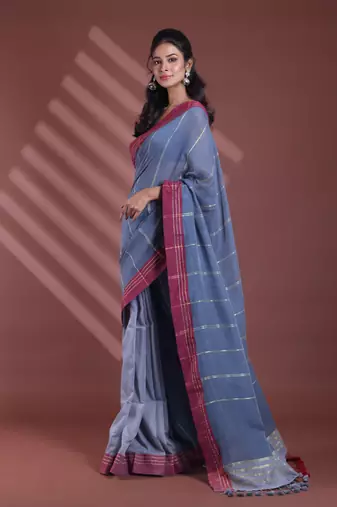 Grey pure cotton soft saree with  stripe pattern