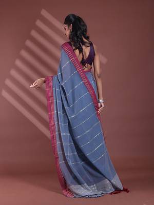 Grey pure cotton soft saree with  stripe pattern 3