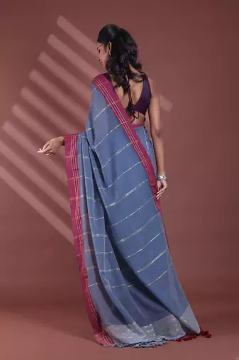 Grey pure cotton soft saree with  stripe pattern