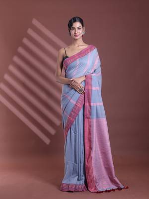Grey pure cotton soft saree with  stripe pattern 1