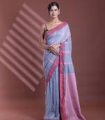 Grey pure cotton soft saree with  stripe pattern