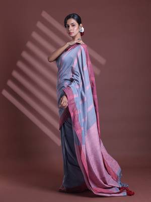 Grey pure cotton soft saree with  stripe pattern 2