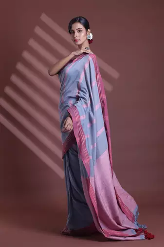 Grey pure cotton soft saree with  stripe pattern