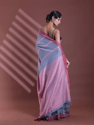 Grey pure cotton soft saree with  stripe pattern 3