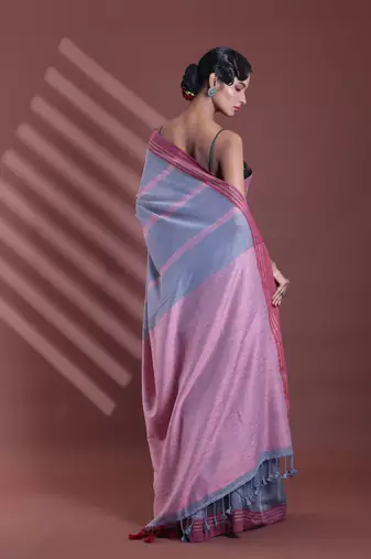 Grey pure cotton soft saree with  stripe pattern