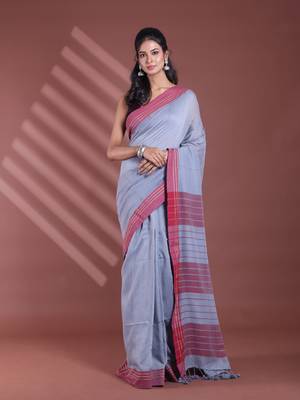 Grey pure cotton soft saree with  stripe pattern 1