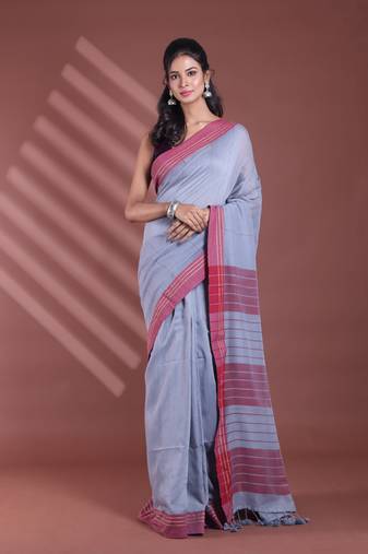 Grey pure cotton soft saree with  stripe pattern