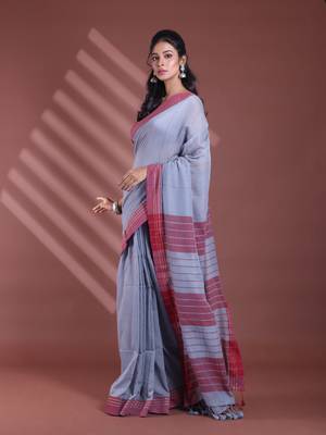 Grey pure cotton soft saree with  stripe pattern 2