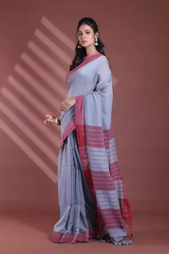 Grey pure cotton soft saree with  stripe pattern