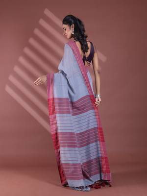 Grey pure cotton soft saree with  stripe pattern 3