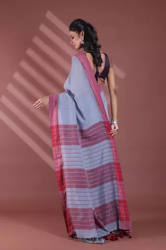 Grey pure cotton soft saree with  stripe pattern