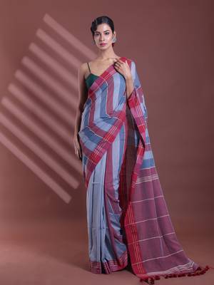 Grey pure cotton soft saree with  stripe pattern 1