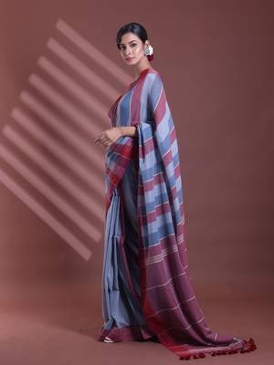 Grey pure cotton soft saree with  stripe pattern 2