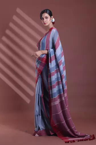 Grey pure cotton soft saree with  stripe pattern