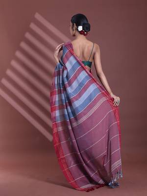 Grey pure cotton soft saree with  stripe pattern 3