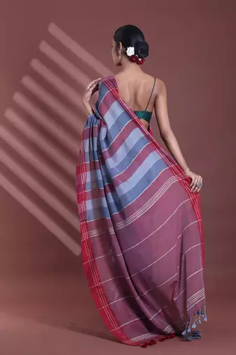 Grey pure cotton soft saree with  stripe pattern