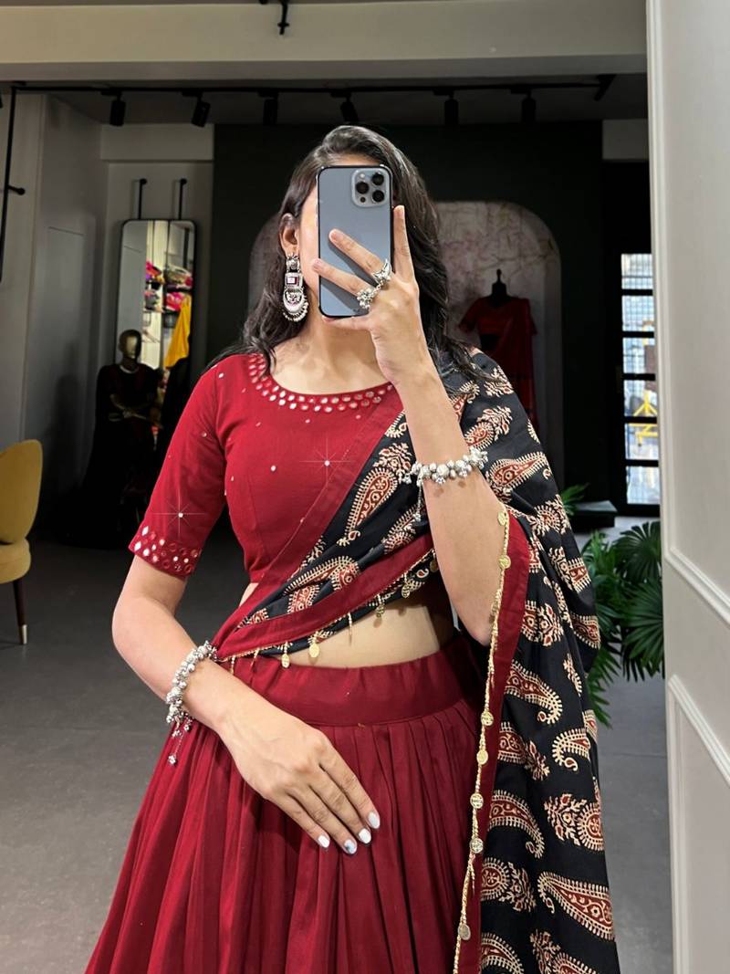 Designer Pure Cotton lehenga blouse and dupatta in maroon