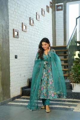 Forest Green Organza Printed Anarkali Suit Set 1