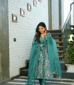 Forest Green Organza Printed Anarkali Suit Set
