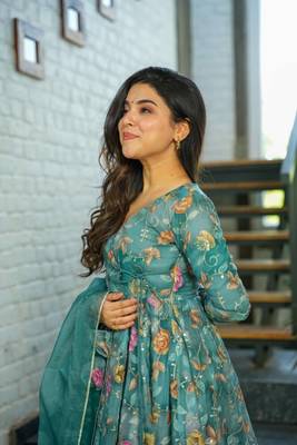 Forest Green Organza Printed Anarkali Suit Set 2