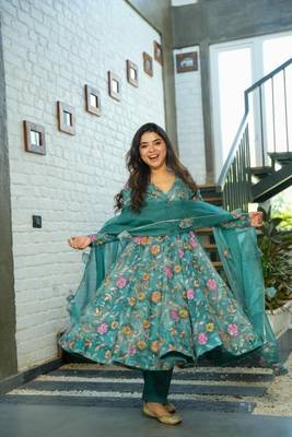 Forest Green Organza Printed Anarkali Suit Set 3