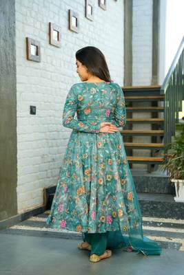 Forest Green Organza Printed Anarkali Suit Set 4