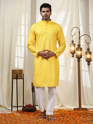 Yellow jacquard cotton kurta pajama for mens festive outfit 1