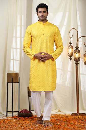 Yellow jacquard cotton kurta pajama for mens festive outfit