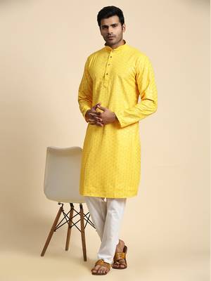 Yellow jacquard cotton kurta pajama for mens festive outfit 2