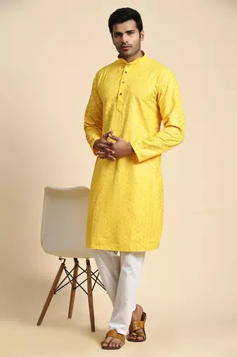 Yellow jacquard cotton kurta pajama for mens festive outfit