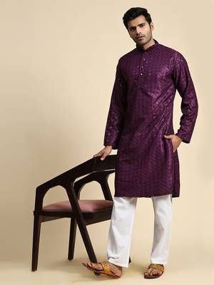 Purple jacquard cotton kurta pajama for mens festive outfit 1