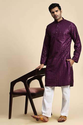 Purple jacquard cotton kurta pajama for mens festive outfit