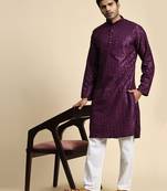 Purple jacquard cotton kurta pajama for mens festive outfit