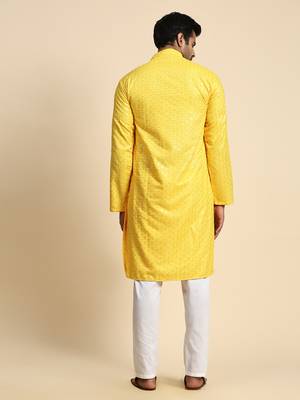 Yellow jacquard cotton kurta pajama for mens festive outfit 3