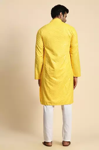 Yellow jacquard cotton kurta pajama for mens festive outfit