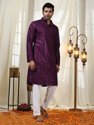 Purple jacquard cotton kurta pajama for mens festive outfit 2