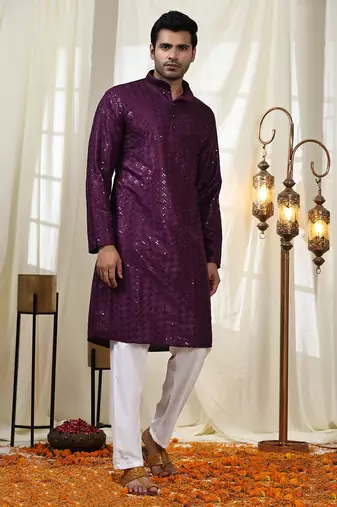 Purple jacquard cotton kurta pajama for mens festive outfit