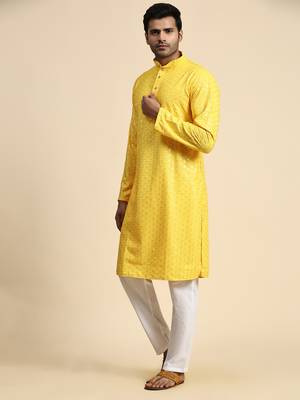 Yellow jacquard cotton kurta pajama for mens festive outfit 4