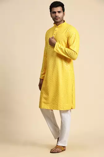 Yellow jacquard cotton kurta pajama for mens festive outfit