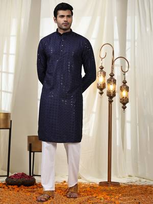 Navy blue jacquard cotton kurta pajama for mens festive outfit 1