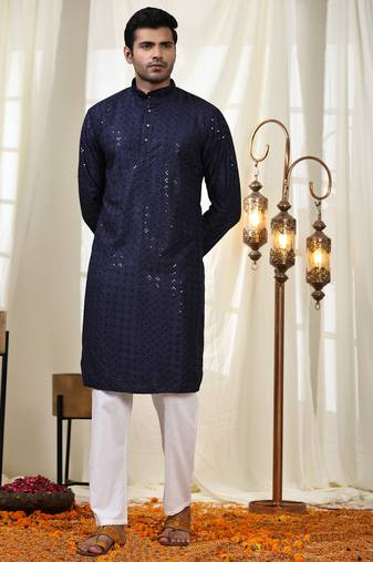 Navy blue jacquard cotton kurta pajama for mens festive outfit