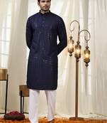 Navy blue jacquard cotton kurta pajama for mens festive outfit