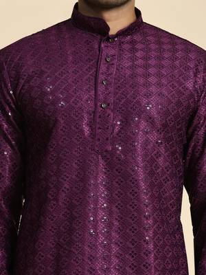 Purple jacquard cotton kurta pajama for mens festive outfit 3