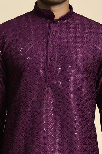 Purple jacquard cotton kurta pajama for mens festive outfit