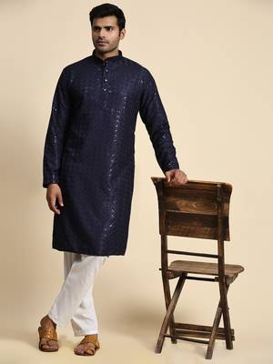 Navy blue jacquard cotton kurta pajama for mens festive outfit 2