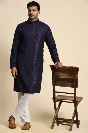Navy blue jacquard cotton kurta pajama for mens festive outfit