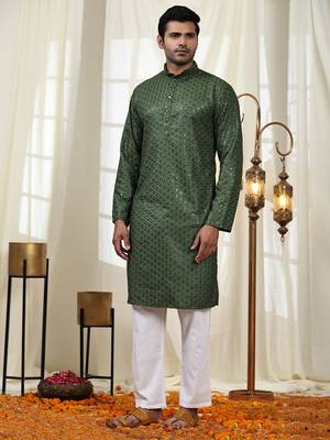 Green jacquard cotton kurta pajama for mens festive outfit 1