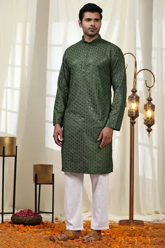 Green jacquard cotton kurta pajama for mens festive outfit
