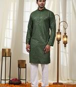 Green jacquard cotton kurta pajama for mens festive outfit